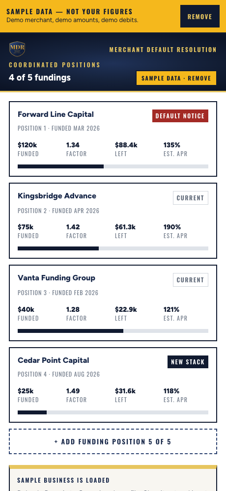 Positions list showing four advances with funded amount, factor rate and remaining balance